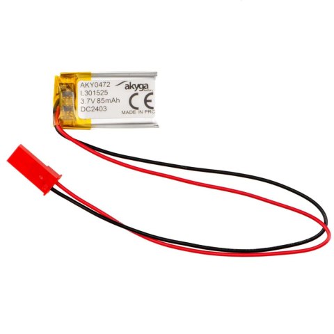Akumulator litowo-polimerowy Akyga AKY0472 LP301525 Li-Po 3.7V/85mAh PCM złącze JST 2.54 2-Pin 150mm Akumulator litowo-polimerowy Akyga AKY0472 LP301525 Li-Po 3.7V/85mAh PCM złącze JST 2.54 2-Pin 150mm