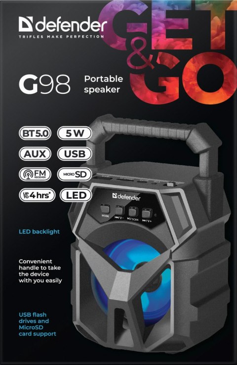 GŁOŚNIK DEFENDER G98 BLUETOOTH 5W BT/FM/TF/USB/AUX/LED GŁOŚNIK DEFENDER G98 BLUETOOTH 5W BT/FM/TF/USB/AUX/LED