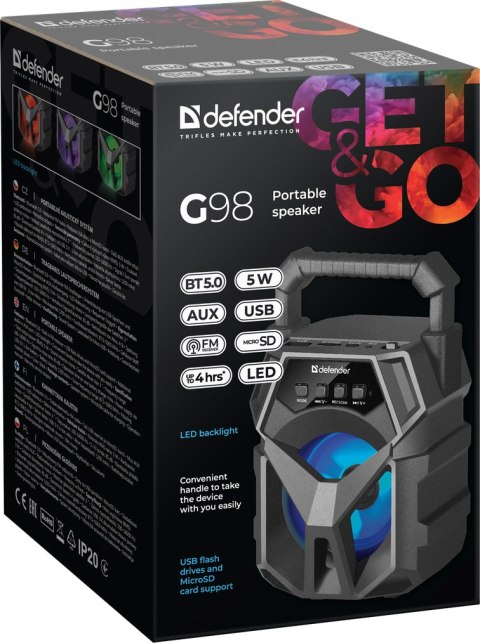 GŁOŚNIK DEFENDER G98 BLUETOOTH 5W BT/FM/TF/USB/AUX/LED GŁOŚNIK DEFENDER G98 BLUETOOTH 5W BT/FM/TF/USB/AUX/LED