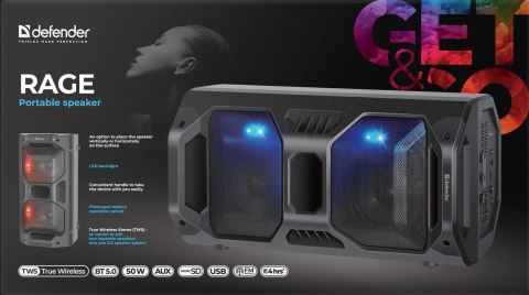 GŁOŚNIK DEFENDER RAGE BLUETOOTH 50W LED/BT/FM/USB/MIC/TWS GŁOŚNIK DEFENDER RAGE BLUETOOTH 50W LED/BT/FM/USB/MIC/TWS