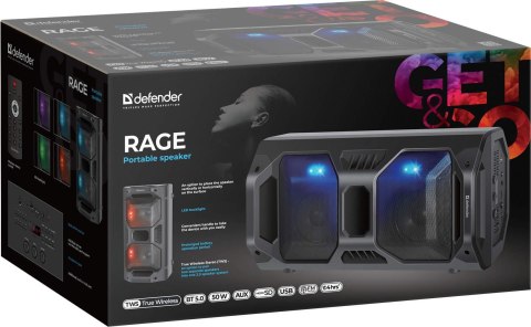 GŁOŚNIK DEFENDER RAGE BLUETOOTH 50W LED/BT/FM/USB/MIC/TWS GŁOŚNIK DEFENDER RAGE BLUETOOTH 50W LED/BT/FM/USB/MIC/TWS