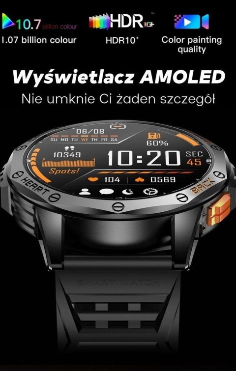 Smartwatch Męski GRAVITY GPS GT24-4 Czarny Pasek Silikonowy + Pomarańczowy Pasek Silikonowy