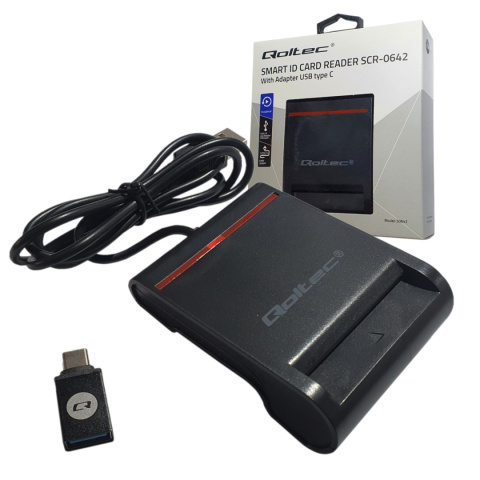 Qoltec Inteligentny czytnik chipowych kart ID SCR-0642 | USB 2.0 + Adapter USB typ C