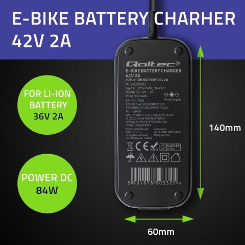 Qoltec Szybka Ładowarka do roweru skutera elektrycznego 36V | 42V | 2A | 5.5*2.1 | wodoodporna +kabel zasilający