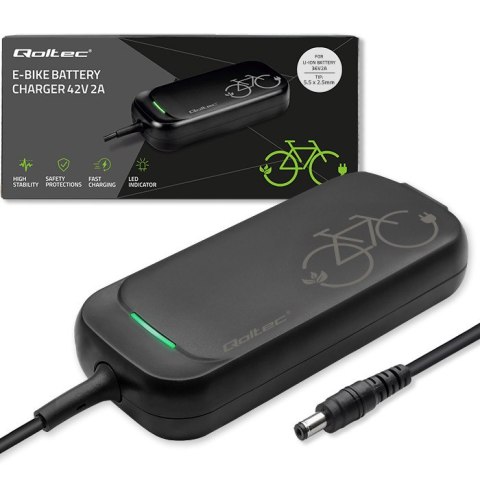 Qoltec Szybka Ładowarka do roweru skutera elektrycznego 36V | 42V | 2A | 5.5*2.5 | wodoodporna +kabel zasilający