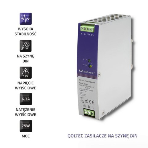 QOLTEC ZASILACZ NA SZYNĘ DIN PRZEMYSŁOWY | 75W | 12V | 6.3A QOLTEC ZASILACZ NA SZYNĘ DIN PRZEMYSŁOWY | 75W | 12V | 6.3A