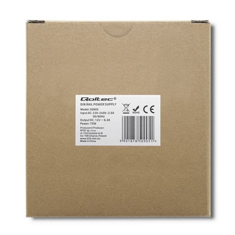 QOLTEC ZASILACZ NA SZYNĘ DIN PRZEMYSŁOWY | 75W | 12V | 6.3A QOLTEC ZASILACZ NA SZYNĘ DIN PRZEMYSŁOWY | 75W | 12V | 6.3A