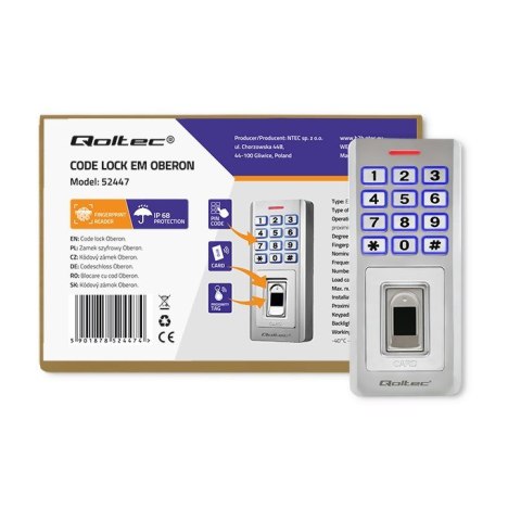 QOLTEC ZAMEK SZYFROWY OBERON Z CZYTNIKIEM LINII PAPILARNYCH | RFID | KOD | KARTA | BRELOK | DZWONEK | IP68 | EM QOLTEC ZAMEK SZYFROWY OBERON Z CZYTNIKIEM LINII PAPILARNYCH | RFID | KOD | KARTA | BRELOK | DZWONEK | IP68 | EM
