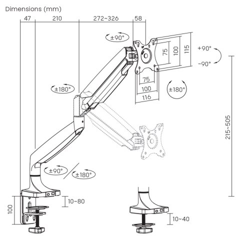 MACLEAN UCHWYT DO MONITORA PODWÓJNE RAMIĘ, ZE SPRĘŻYNĄ GAZOWĄ, 17"-45", 16 KG MC-969