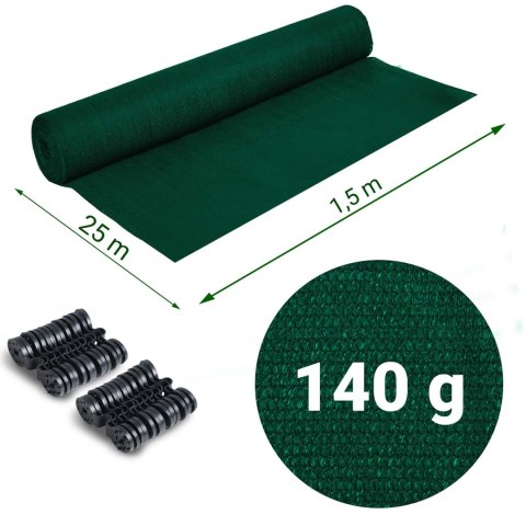 SIATKA CIENIUJĄCA 1,5X25M 140G/M2 + 50 ZACISKÓW ZIELONA