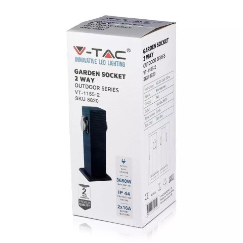Słupek ogrodowy V-TAC VT-1155-1 30cm 2x gniazdka elektryczne 2x 16A 3600W IP44 (SKU 8820) Szary