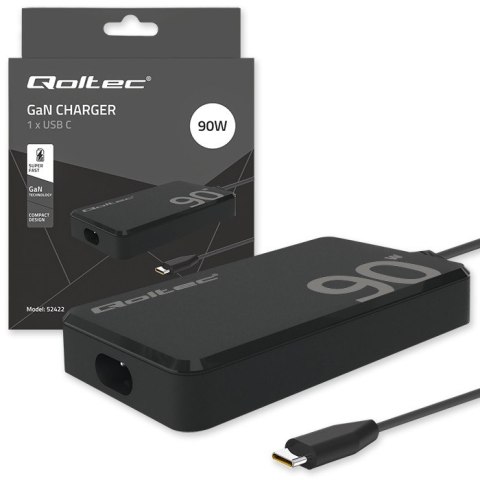 Qoltec Ładowarka sieciowa 90W GaN Super Fast SLIM | PD | 5-20V | 4.5A | USB-C 3.1 | Laptop | MacBook | Smartfon |