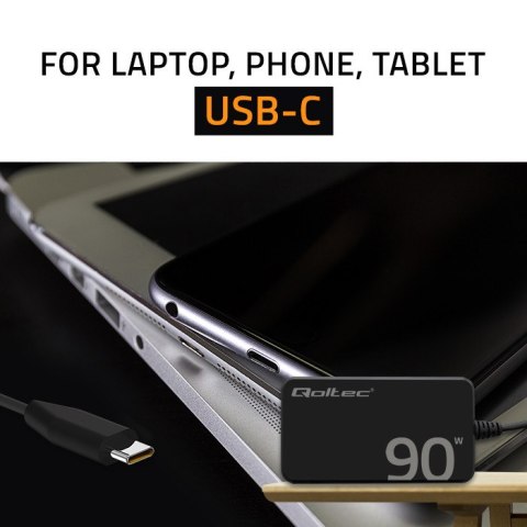 Qoltec Ładowarka sieciowa 90W GaN Super Fast SLIM | PD | 5-20V | 4.5A | USB-C 3.1 | Laptop | MacBook | Smartfon |