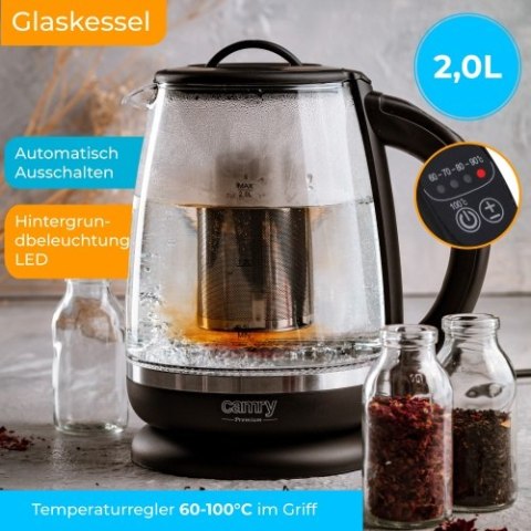 Czajnik szklany 2,0 L z zaparzaczem oraz regulacją temp.