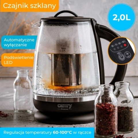 Czajnik szklany 2,0 L z zaparzaczem oraz regulacją temp.