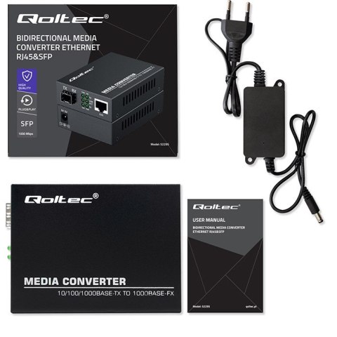 Qoltec Dwukierunkowy Media Konwerter SWITCH Ethernet 1x RJ45 1x SFP| 1000Mb/s | 5V