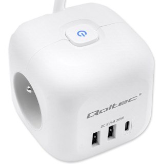 Qoltec Kostka zasilająca przedłużacz 6w1 z podświetlanym włącznikiem | 3x AC | 2x USB | 1x USB-C PD 20W | Biała | Kabel 2m
