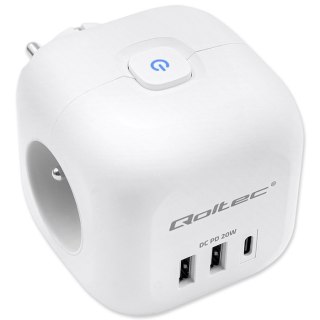 Qoltec Kostka zasilająca przedłużacz 6w1 z podświetlanym włącznikiem | 3x AC | 2x USB | 1x USB-C PD 20W | Biała