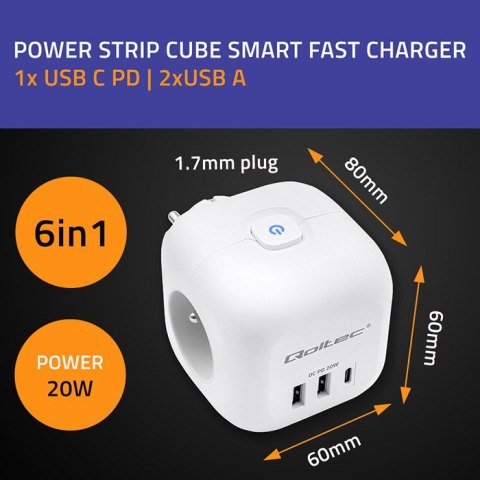 Qoltec Kostka zasilająca przedłużacz 6w1 z podświetlanym włącznikiem | 3x AC | 2x USB | 1x USB-C PD 20W | Biała