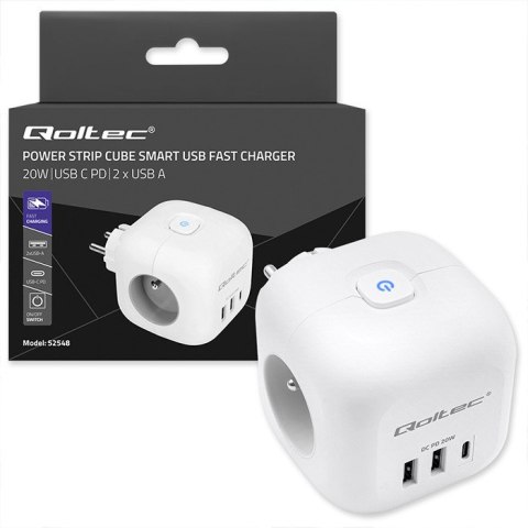 Qoltec Kostka zasilająca przedłużacz 6w1 z podświetlanym włącznikiem | 3x AC | 2x USB | 1x USB-C PD 20W | Biała