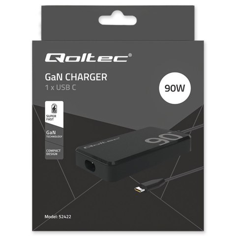 Qoltec Ładowarka sieciowa 90W GaN Super Fast SLIM | PD | 5-20V | 4.5A | USB-C 3.1 | Laptop | MacBook | Smartfon |