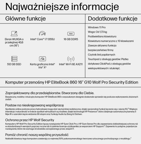 HP EliteBook 860 G10 i7-1355U 16"WUXGA 250nits AG 16GB DDR5 SSD512 Iris Xe 76Wh W11Pro