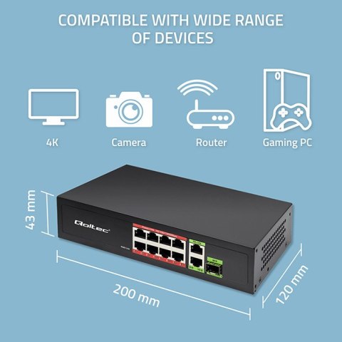Qoltec Przełącznik sieciowy SWITCH FAST Ethernet PoE 8x RJ45 PoE 2x RJ45 Uplink 1x SFP | 120W | 1000 Mb/s