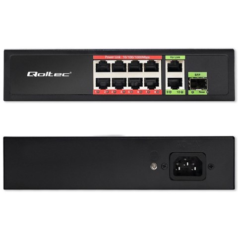 Qoltec Przełącznik sieciowy SWITCH FAST Ethernet PoE 8x RJ45 PoE 2x RJ45 Uplink 1x SFP | 120W | 1000 Mb/s
