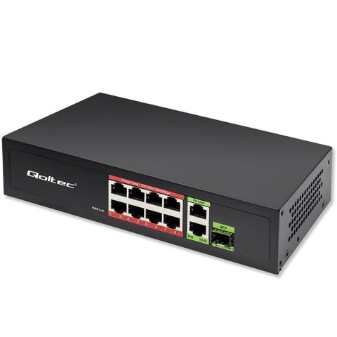 Qoltec Przełącznik sieciowy SWITCH FAST Ethernet PoE 8x RJ45 PoE 2x RJ45 Uplink 1x SFP | 120W | 1000 Mb/s
