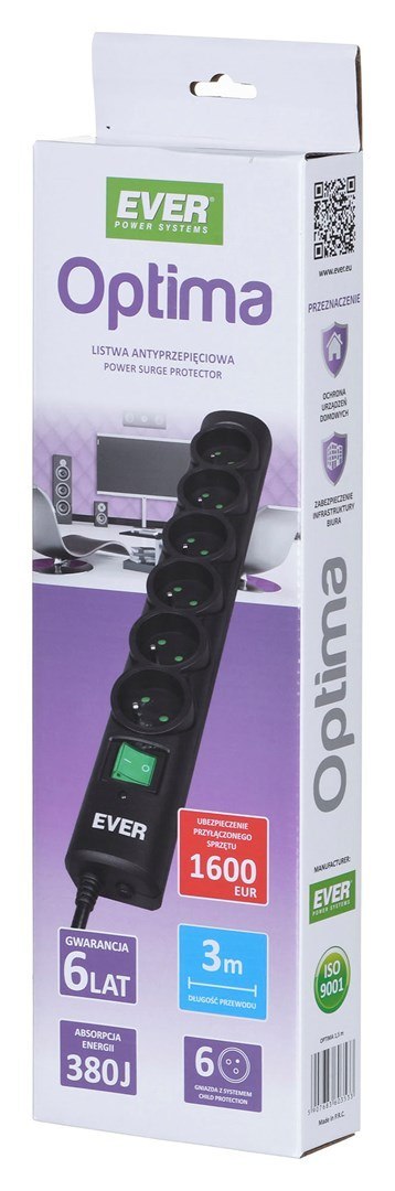 Listwa przeciwprzepięciowa Ever OPTIMA T/LZ08-OPT030/0000 (6 x UTE; 10 A; 3m; kolor czarny)