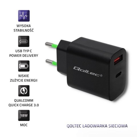 QOLTEC ŁADOWARKA SIECIOWA 18W | 5-12V | 1.5-3A | USB TYP C PD | USB QC 3.0 | CZARNA QOLTEC ŁADOWARKA SIECIOWA 18W | 5-12V | 1.5-3A | USB TYP C PD | USB QC 3.0 | CZARNA