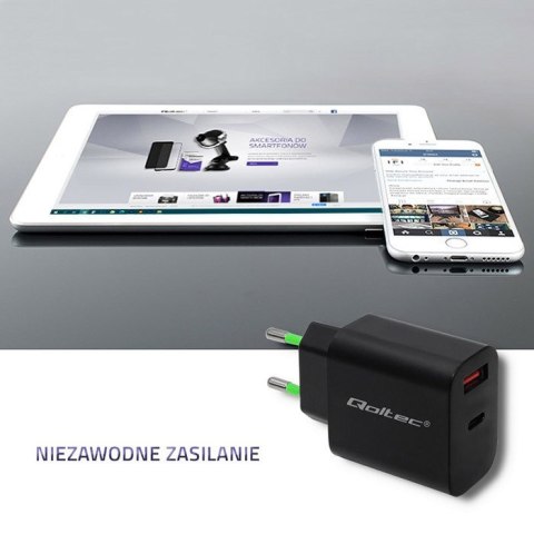 QOLTEC ŁADOWARKA SIECIOWA 18W | 5-12V | 1.5-3A | USB TYP C PD | USB QC 3.0 | CZARNA QOLTEC ŁADOWARKA SIECIOWA 18W | 5-12V | 1.5-3A | USB TYP C PD | USB QC 3.0 | CZARNA