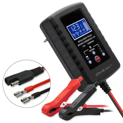 Qoltec Automatyczna ładowarka do akumulatora AGM GEL STD 6V 12V | Prostownik 30W z funkcją naprawy i wyświetlaczem LED | 2A | Di