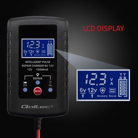 Qoltec Automatyczna ładowarka do akumulatora AGM GEL STD 6V 12V | Prostownik 30W z funkcją naprawy i wyświetlaczem LED | 2A | Di