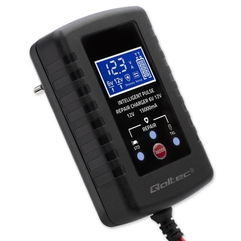 Qoltec Automatyczna ładowarka do akumulatora AGM GEL STD 6V 12V | Prostownik 30W z funkcją naprawy i wyświetlaczem LED | 2A | Di
