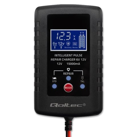 Qoltec Automatyczna ładowarka do akumulatora AGM GEL STD 6V 12V | Prostownik 30W z funkcją naprawy i wyświetlaczem LED | 2A | Di