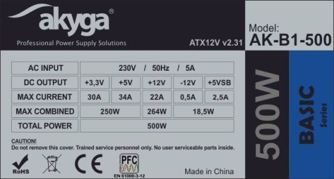 Zasilacz Akyga AK-B1-500 (500 W; Pasywne; 120 mm) Zasilacz Akyga AK-B1-500 (500 W; Pasywne; 120 mm)