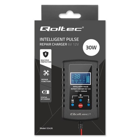 Qoltec Automatyczna ładowarka do akumulatora AGM GEL STD 6V 12V | Prostownik 30W z funkcją naprawy i wyświetlaczem LED | 2A | Di