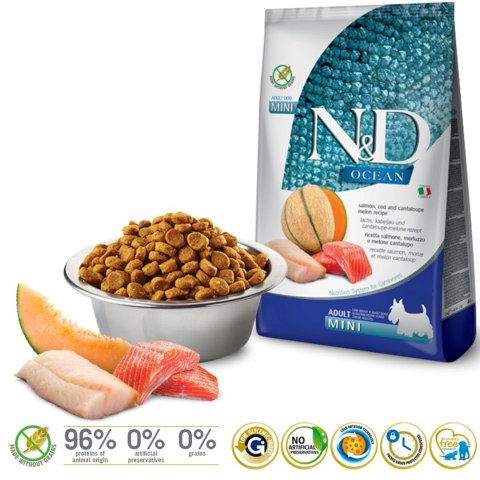 FARMINA N&D OCEAN DOG SALMON, CODFISH, CANTALOUPE ADULT MINI 800g