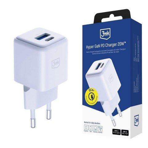 Ładowarka sieciowa 3mk Hyper GaN Charger 20W QC4+ PD PPS USB-C USB-A White Ładowarka sieciowa 3mk Hyper GaN Charger 20W QC4+ PD PPS USB-C USB-A White
