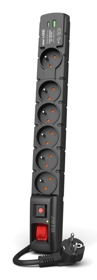 Listwa przeciwprzepięciowa Acar S6 USB A+C (szybka ładowarka) 3m ; czarny Listwa przeciwprzepięciowa Acar S6 USB A+C (szybka ładowarka) 3m ; czarny