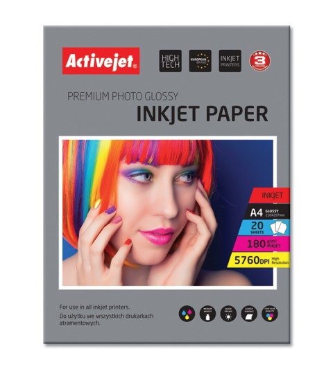 Activejet AP4-180G20 Papier fotograficzny błyszczący (A4; 20 szt.) Activejet AP4-180G20 Papier fotograficzny błyszczący (A4; 20 szt.)
