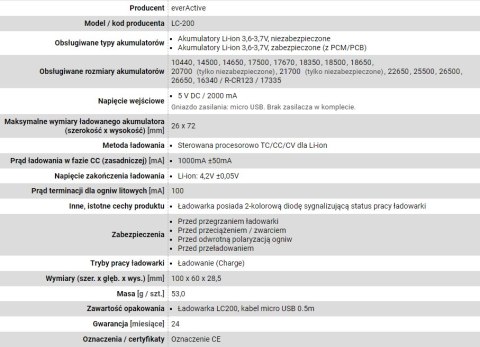 EVERACTIVE ŁADOWARKA DO AKUMULATORKÓW CYLINDRYCZNYCH LI-ION LC200 EVERACTIVE ŁADOWARKA DO AKUMULATORKÓW CYLINDRYCZNYCH LI-ION LC200