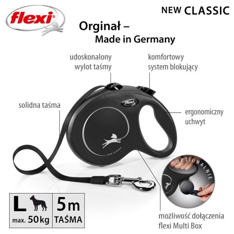 Smycz flexi automatyczna New Classic L taśma 5m - dla psa do 50kg, kolor: czarny Smycz flexi automatyczna New Classic L taśma 5m - dla psa do 50kg, kolor: czarny