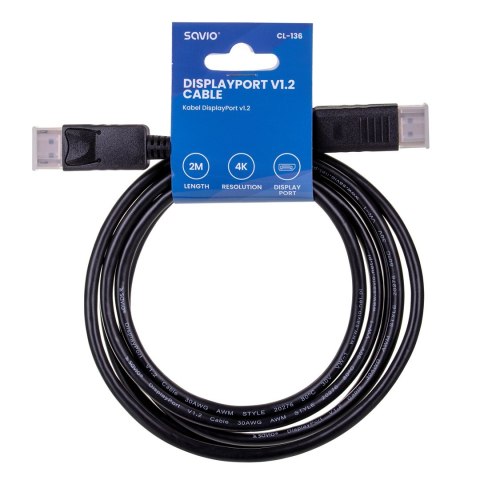 Kabel SAVIO CL-136 (DisplayPort M - DisplayPort M; 2m; kolor czarny) Kabel SAVIO CL-136 (DisplayPort M - DisplayPort M; 2m; kolor czarny)