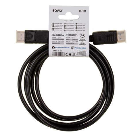 Kabel SAVIO CL-136 (DisplayPort M - DisplayPort M; 2m; kolor czarny) Kabel SAVIO CL-136 (DisplayPort M - DisplayPort M; 2m; kolor czarny)