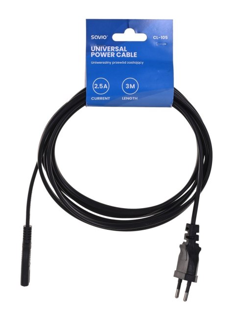 Kabel SAVIO CL-105 (2-Pin - Euro ; 3m; kolor czarny) Kabel SAVIO CL-105 (2-Pin - Euro ; 3m; kolor czarny)