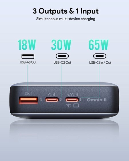 AUKEY POWERBANK 20000MAH, 2X USB-C PD 65W, USB-A 18W, SZARY AUKEY POWERBANK 20000MAH, 2X USB-C PD 65W, USB-A 18W, SZARY