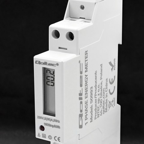 Qoltec Jednofazowy elektroniczny licznik | miernik zużycia energii na szynę DIN | 230V | 30A | LCD | 1P