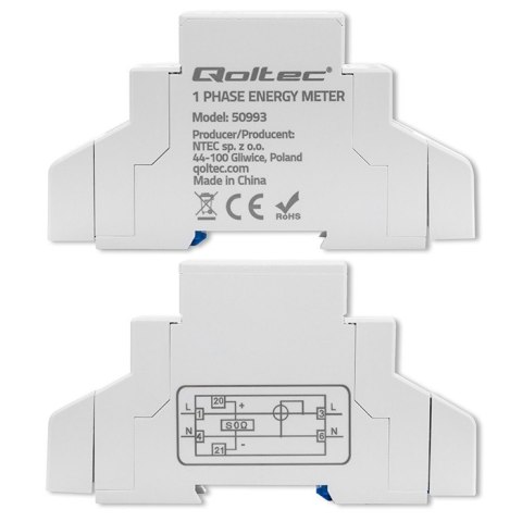Qoltec Jednofazowy elektroniczny licznik | miernik zużycia energii na szynę DIN | 230V | 30A | LCD | 1P